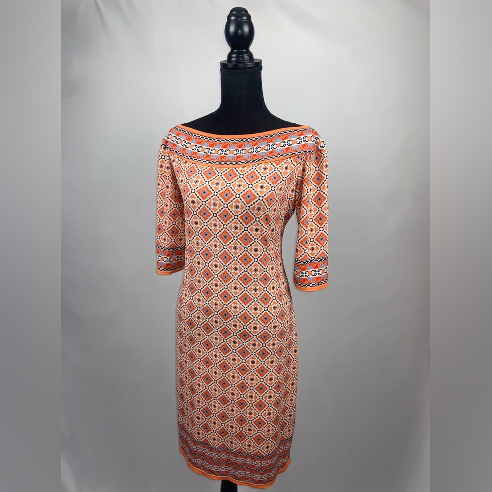 Medium Dress Stretch Coral Max Studio Quarter Length Sleeve Geometric Pattern
